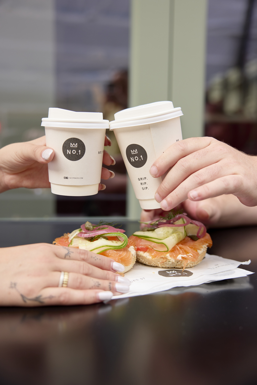 Two No.1 coffees raised over smoked salmon bagels